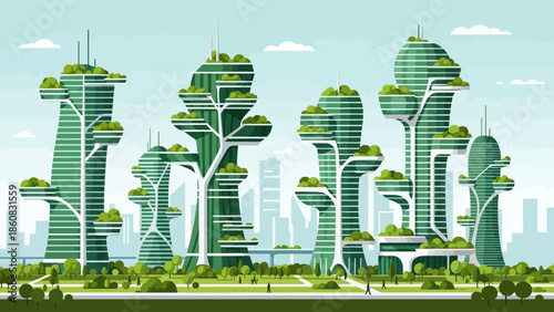 Eco-Friendly City of the Future: An idealized cityscape, showcasing a visionary urban landscape filled with innovative eco-friendly architecture and sustainable green spaces.