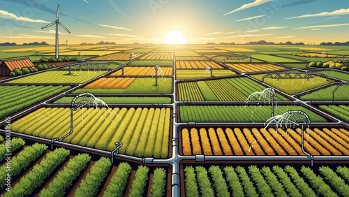Farmland Landscape with Modern Agriculture: A meticulously designed farmland, featuring geometric crop plots, eco-friendly wind turbines, and a warm sunrise, representing sustainable food production.