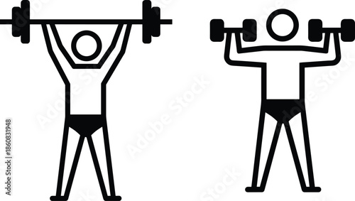 Weightlifting icons, gym silhouettes, barbell lift, dumbbell press, fitness vector, strength training, CAD drawing, flat illustration, workout design