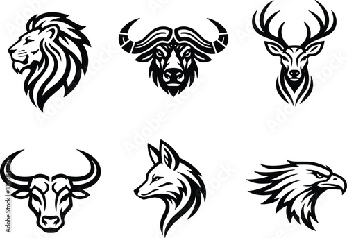 Wild animal head logos set, lion buffalo deer wolf eagle mascot symbols, tribal wildlife collection, cad drawing flat vector illustration