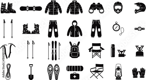 Winter adventure and camping equipment silhouettes set featuring skiing, snowboarding, hiking and outdoor survival gear, black icons collection isolated on white background