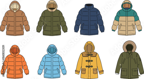 Winter jacket collection, cold weather outerwear, fashion coat icons, stylish parka designs, seasonal clothing vector, cad drawing flat vector illustration