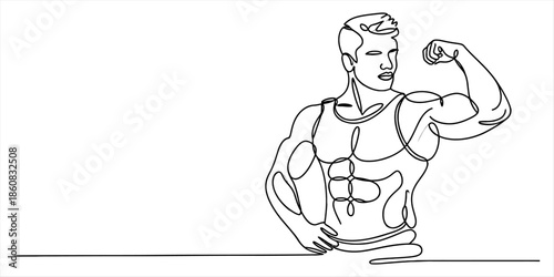Continuous line drawing of a muscular man flexing his bicep in a fitness pose Vector, illustration
