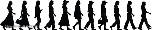 Women walking silhouettes in different outfits and poses, everyday lifestyle and fashion concept, female crowd movement illustration, black silhouettes isolated on white background