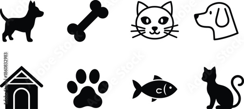 Pet icon set, dog cat silhouette, bone fish paw, black white vector, animal graphic, cad drawing flat vector illustration