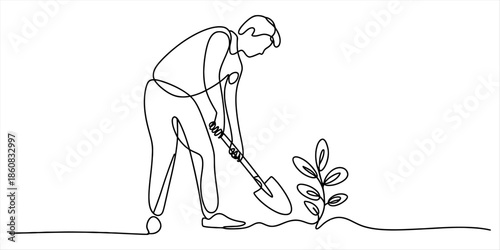 Continuous line art illustration of a person planting a small plant or seedling Vector, illustration
