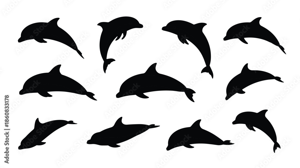 Naklejka premium Dolphin silhouettes collection isolated on white background showing jumping swimming and playful ocean wildlife poses for marine design use