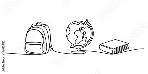 Single continuous line art drawing of backpack, globe, and book for education concept Vector, illustration