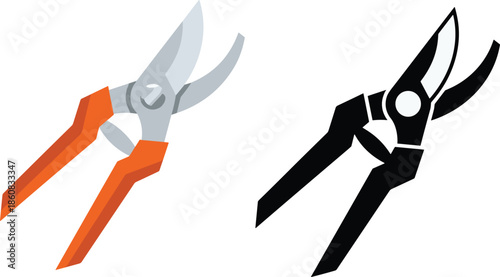 WebPruning shears vector, garden scissors, silhouette tool, orange handle clipper, gardening equipment, plant cutter, CAD drawing, flat illustration