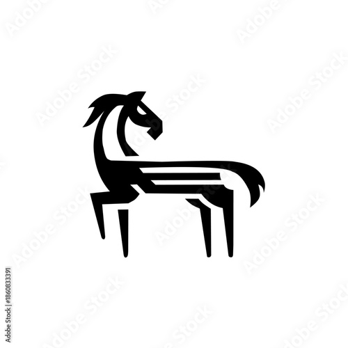 Minimalist horse logo with a sleek black silhouette and sharp geometric lines. A modern design representing elegance, speed, and strong brand identity.