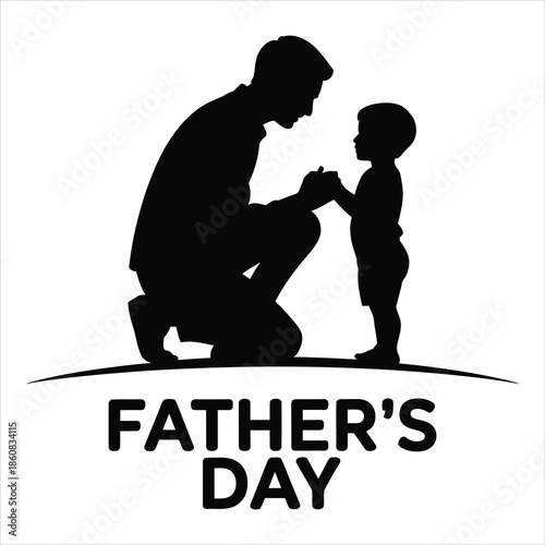 A loving father kneels to hold hands with his young child celebrating Fathers Day