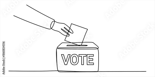 Continuous line drawing depicting a hand casting a ballot into a ballot box during an election Vector, illustration