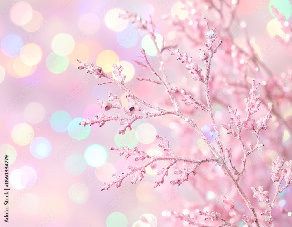 Fototapeta premium Soft pink branches with sparkling glitter before a blurry, colorful background
