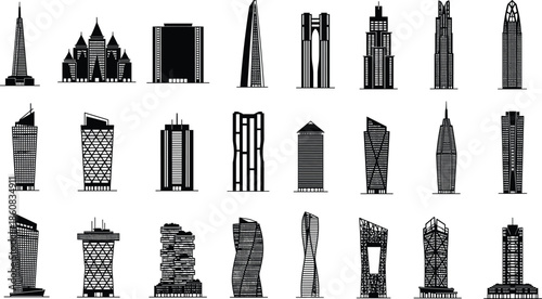Skyscraper building silhouettes set, modern city architecture tower icons collection, urban skyline construction elements, cad drawing flat vector illustration