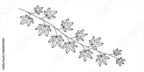 Minimalist black and white line art illustration of a branch with several delicate leaves Vector, illustration