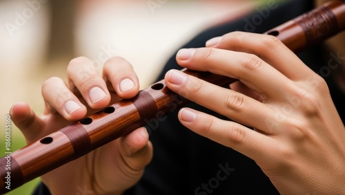 Close-up of hands playing a wooden flute with blurred background