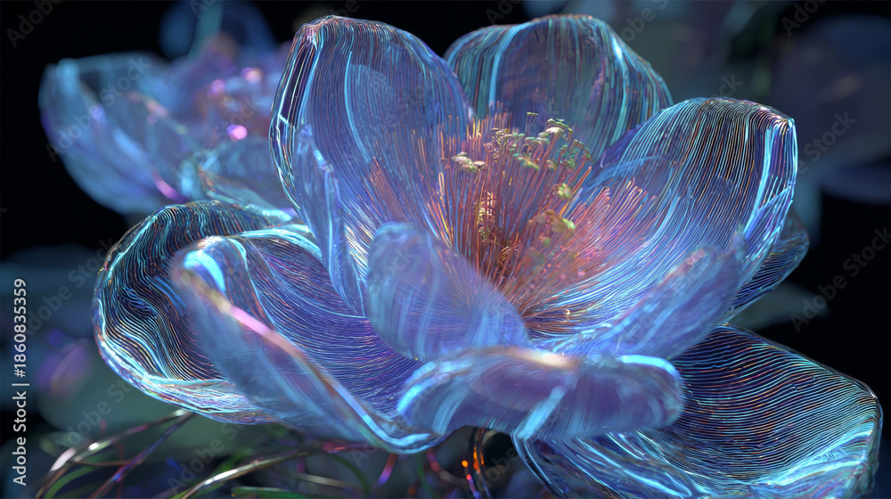 Naklejka premium Glowing flower with luminous purple and blue lights, holographic petals with intricate textures and iridescent materials, futuristic and vibrant visual art