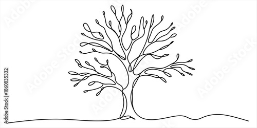 A minimalist illustration of a tree created using a single, continuous black line on a plain white background. The artwork captures the essence of a tree with its trunk and intricate network of branch