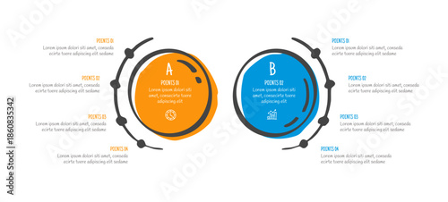 hand drawn doodle sketch comparison concept for infographic template banner with big circle and half circle dot line on side with two point list information