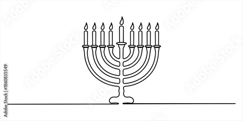 Continuous one line art drawing of a hanukkah menorah with burning candles Vector, illustration