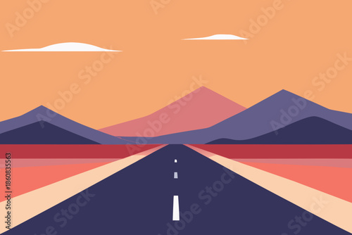 Minimal Road to Mountains Sunrise Flat Vector