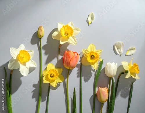 Wallpaper Mural Daffodils and tulips flatlay on soft gray Torontodigital.ca