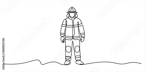 A single continuous line drawing of a firefighter standing in full gear Vector, illustration
