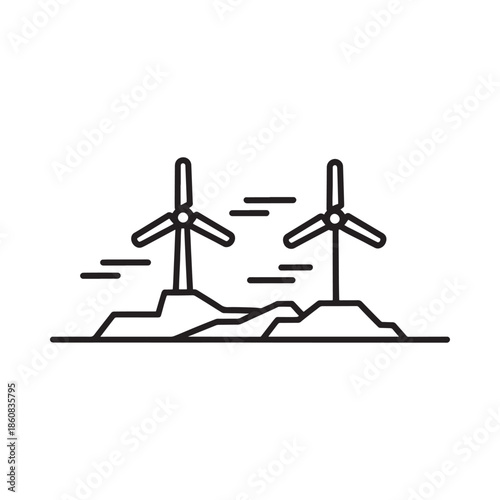 Simple illustration of wind turbines on a grassy landscape with a clear sky
