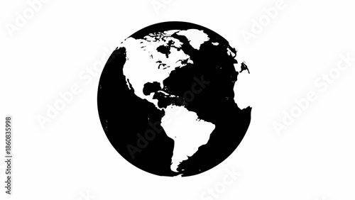 Black and white silhouette of planet Earth showing continents.