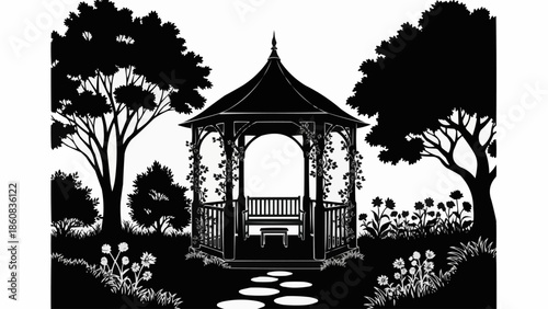 Black and white illustration of a garden gazebo with trees and flowers.