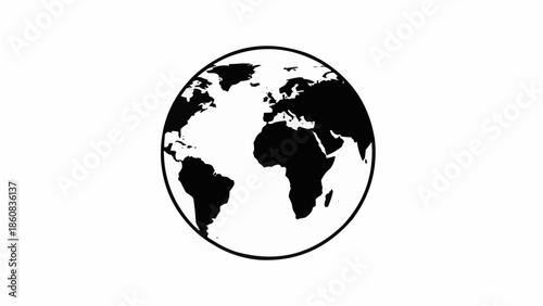 Black and white illustration of planet Earth globe.