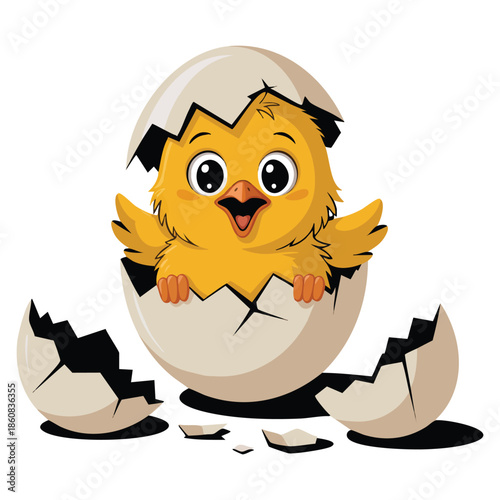 Newborn yellow chicken in broken egg shell vector illustration cute emoji character ideal for farm animal cartoon story or kids educational themed artwork