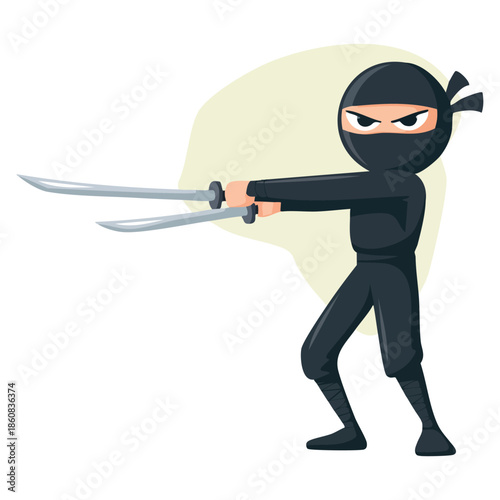 Ninja assassin character in full black costume fighting with katana swords vector illustration representing Japanese martial art perfect for action and gaming themes