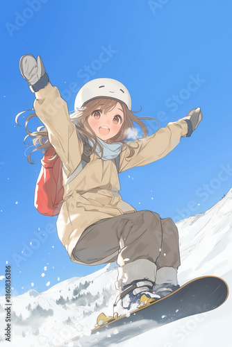 青空の雪山でスノーボードを楽しむアニメ美少女
