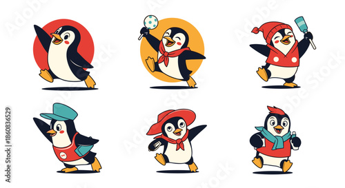 Set of six cute cartoon penguins in various poses and outfits.