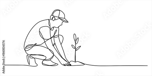Person planting a small seedling in the ground Vector, illustration
