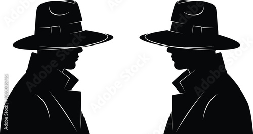 Facing Silhouettes of Spy Figures in Hats and Coats – Mystery, Espionage, Confrontation, Secret Agents, and Detective Theme Vector
