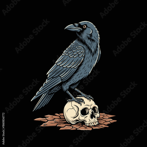 A detailed illustration of a black raven perched on a human skull.