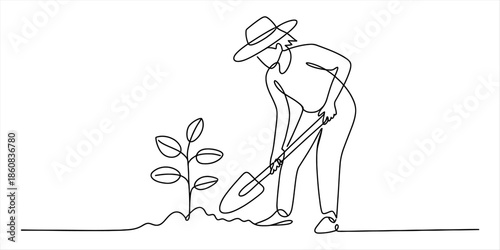 Farmer planting a sapling with a shovel in a garden Vector, illustration