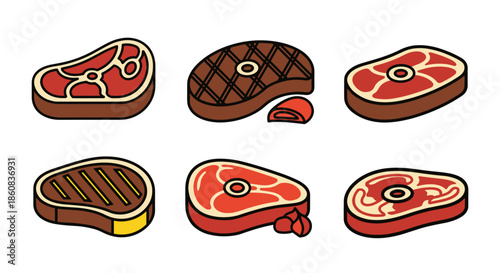 Collection of Six Different Raw and Cooked Steak Cuts.
