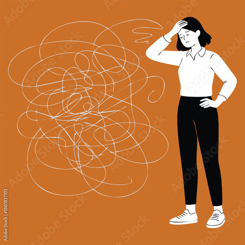 Panic attack illustration of young female character with imaginary rope monster symbolizing mental health issues emotional struggle and psychological stress themed artwork