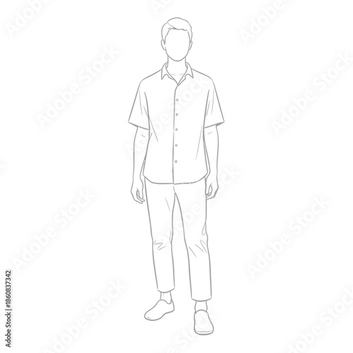 Man Line Art Drawing Fashion Sketch Casual Outfit Standing Pose