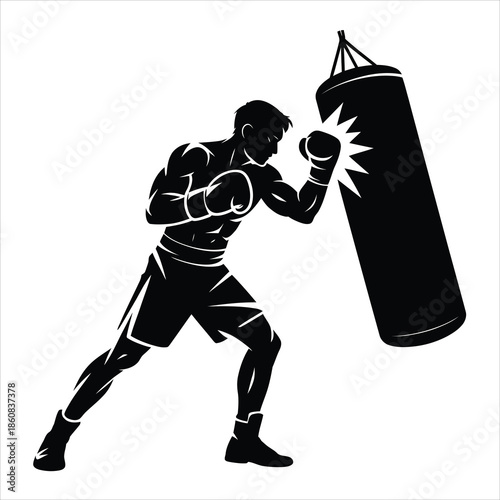 A powerful athlete boxer delivers a strong jab punch to a sturdy hanging training bag