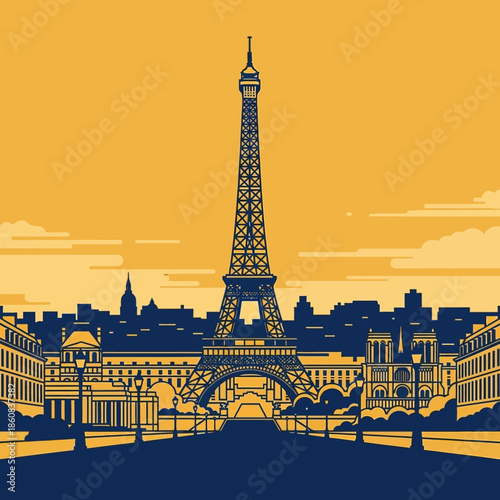 Eiffel Tower Skyline Silhouette, Paris Landmark, Minimalist Blue and Yellow Design