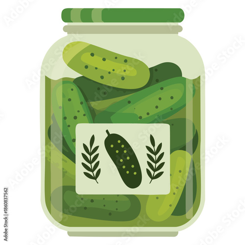 Pickled cucumbers in glass jar with brand label organic product canned food isolated flat vector design perfect for supermarket product advertisement or packaging