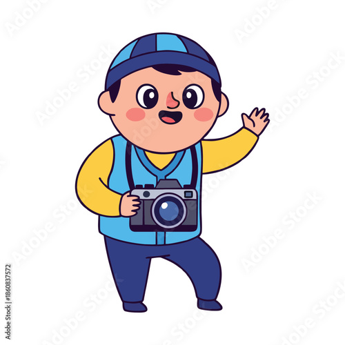 Cheerful child photographer with a camera smiling and waving to viewers