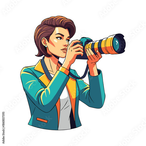 Stylish woman photographer actively engaged in creative photography with a long lens