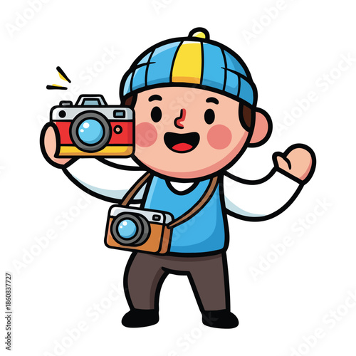 Young Boy Enjoying Photography with Multiple Cameras and a Big Smile