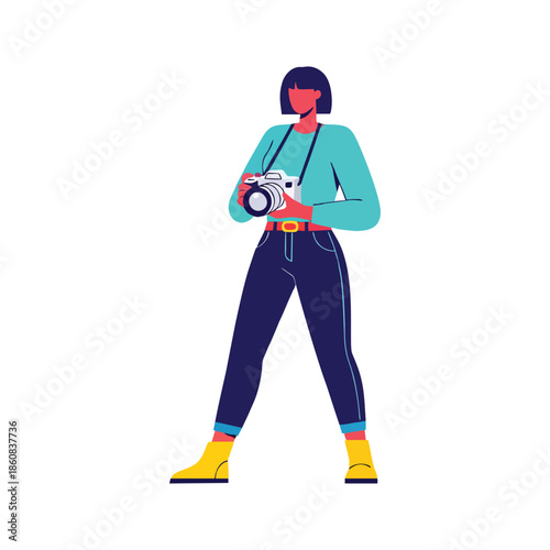 Stylish female photographer capturing moments with a professional digital camera