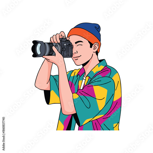 Smiling individual capturing beautiful moments through their camera lens with joy